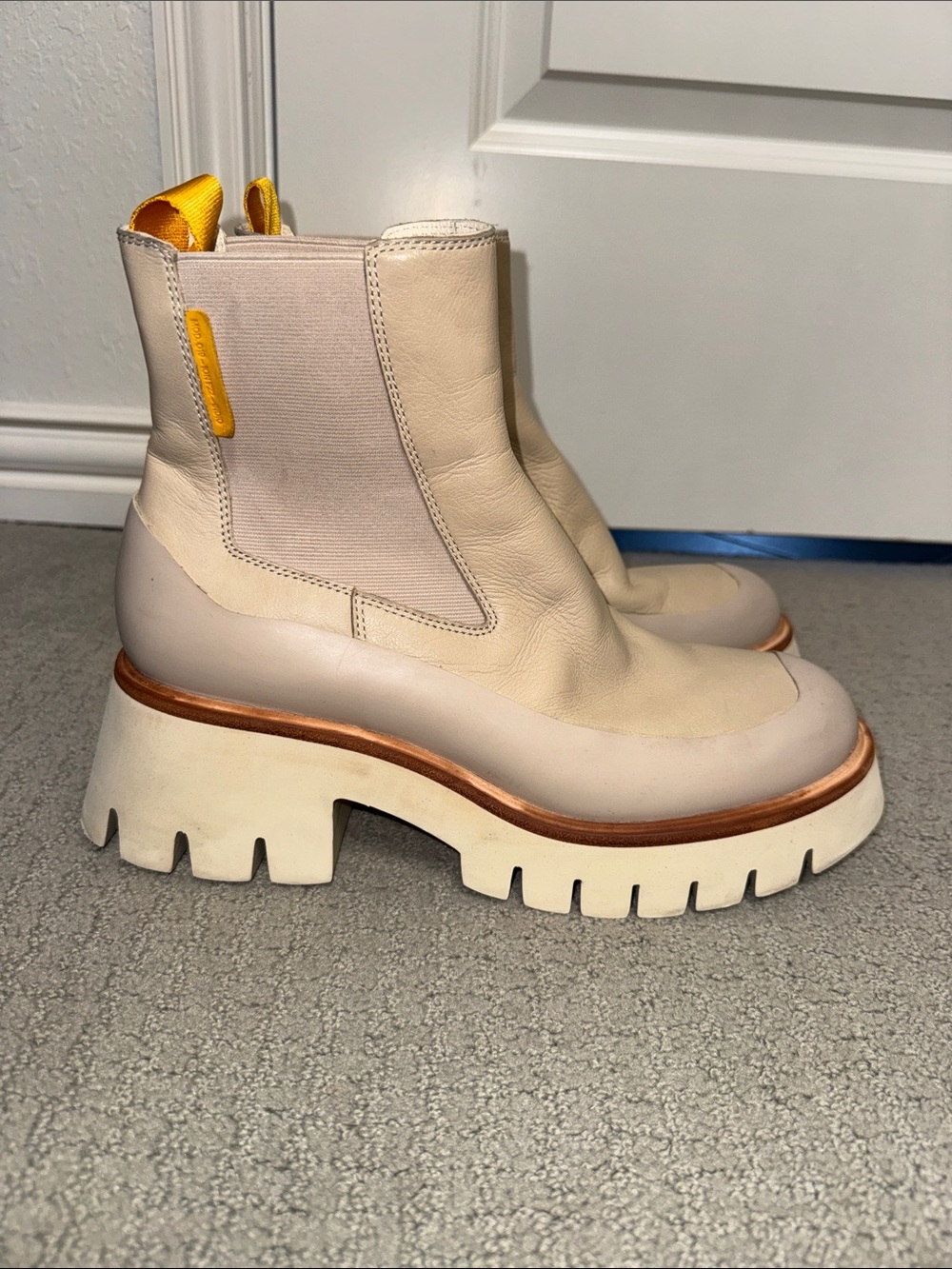 Cream Platform Chelsea Booties with Yellow Pull Tabs